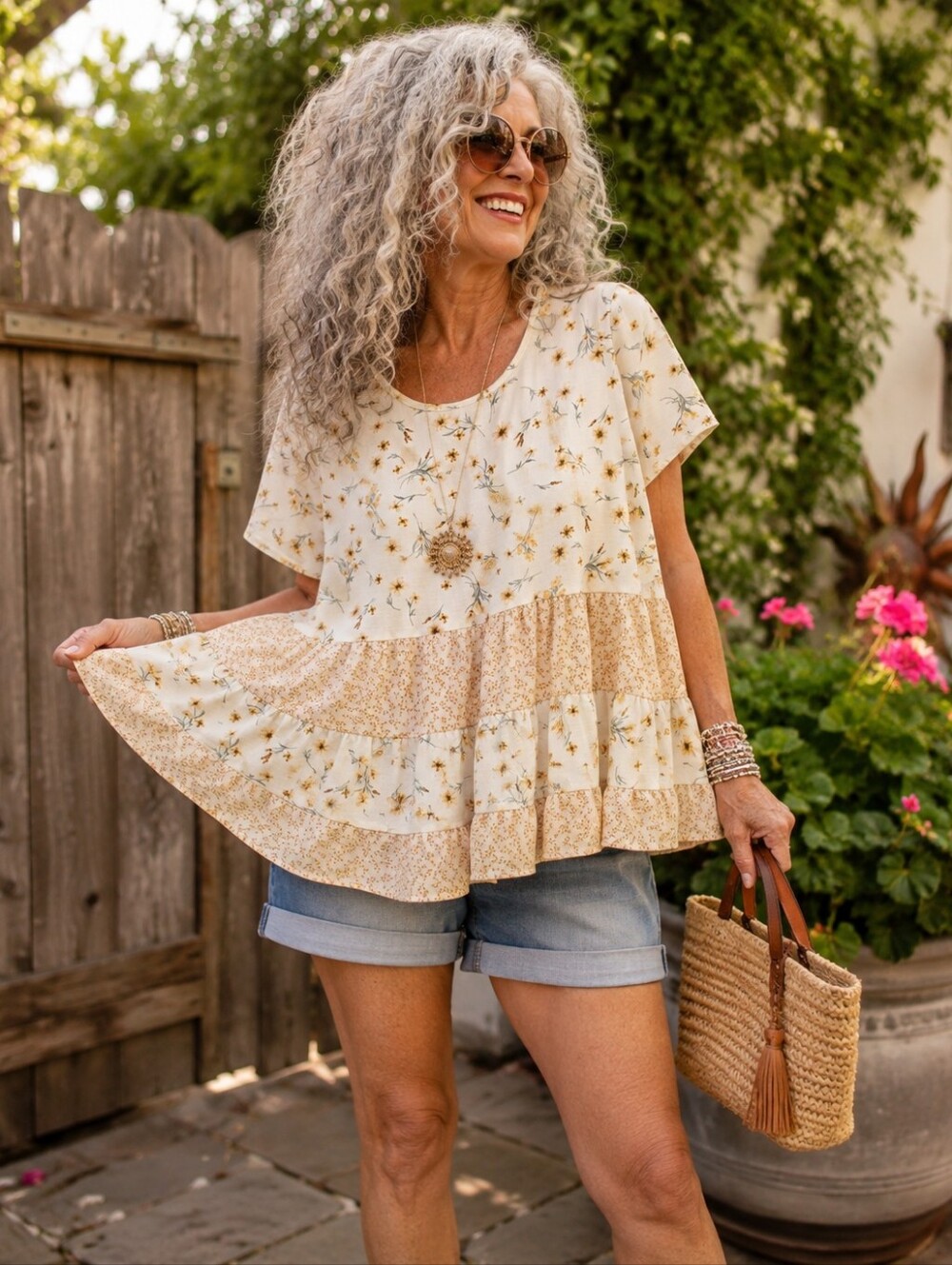 Paper Crane Floral Tiered Babydoll Blouse Cream Tan Size L
